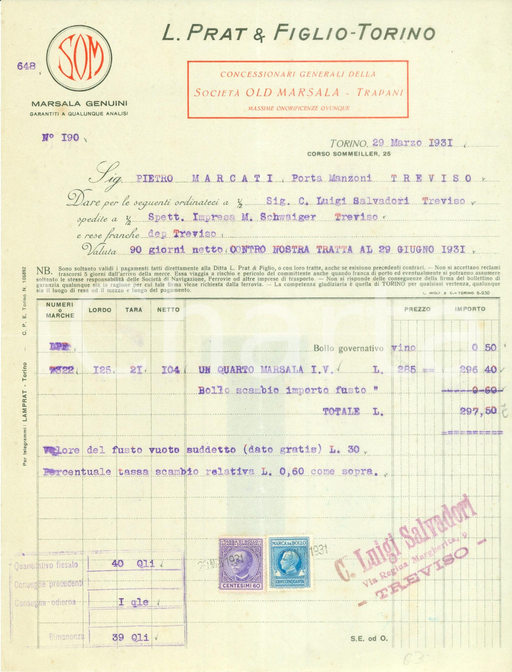 Documento originale, autentico 1931 TORINO PRAT & FIGLIO Concessionari Generali OLD MARSALA Fattura commerciale 1