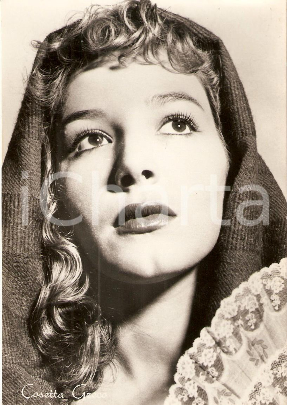 Cartolina originale da collezione 1955 ca CINEMA Attrice Cosetta GRECO Ritratto con ventaglio *Cartolina FG NV 1