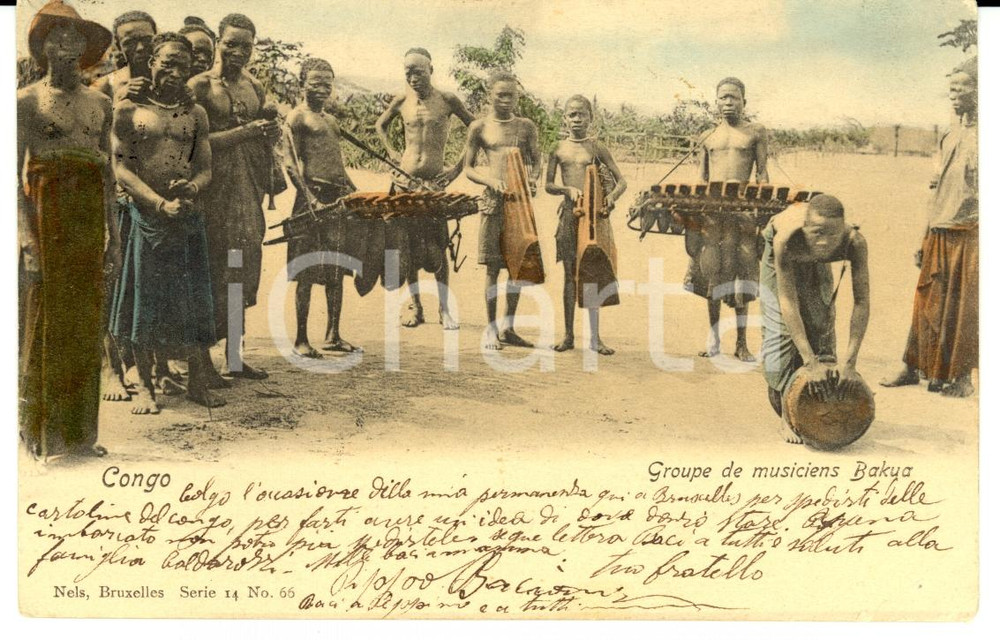 Cartolina originale da collezione 1904 CONGO BELGE Groupe de musiciens BAKUA Cartolina FP VG 1