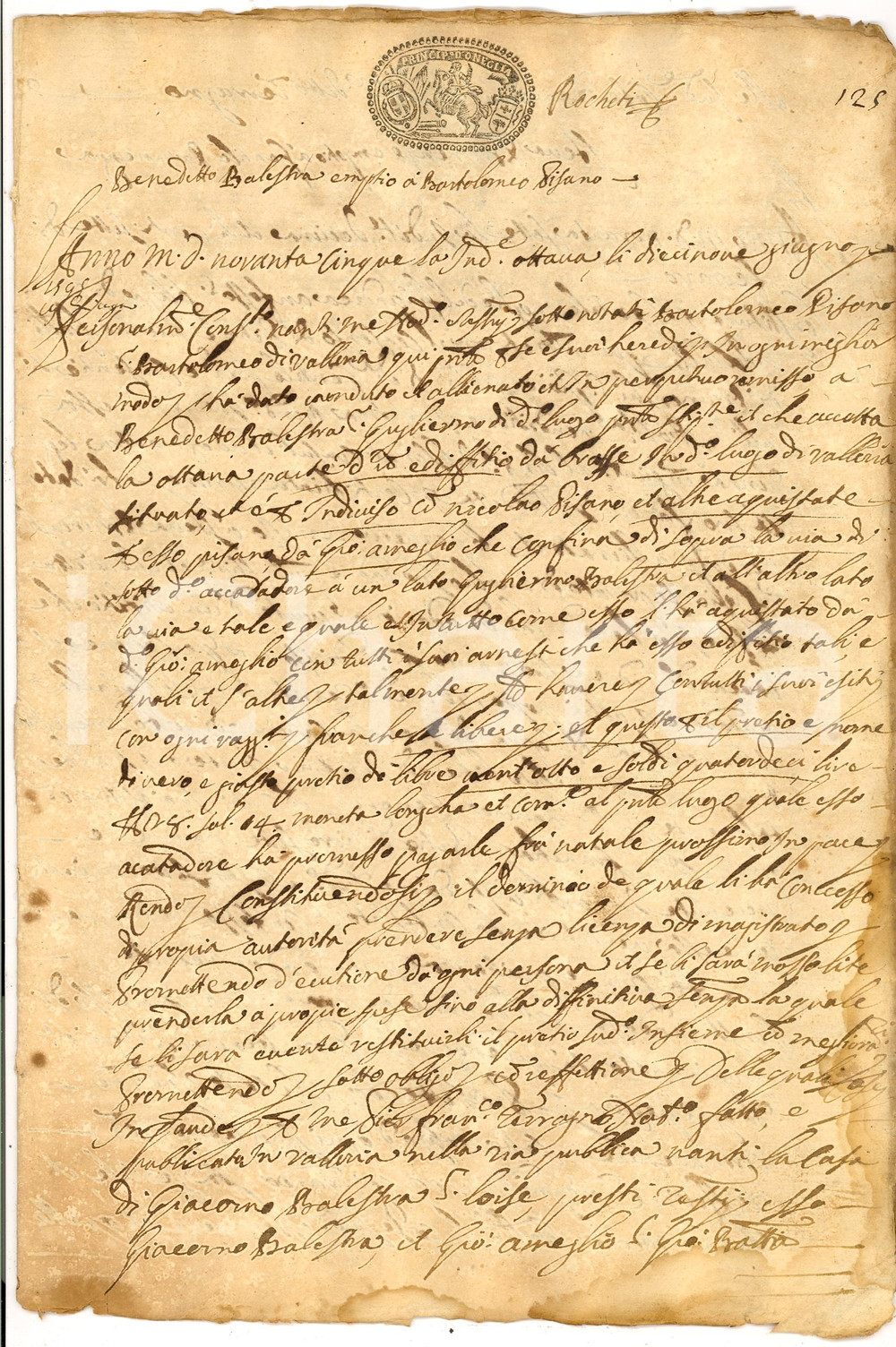 Documento originale, autentico 1595 VALLORIA (IM) Bartolomeo PISANO vende a BALESTRA 1
