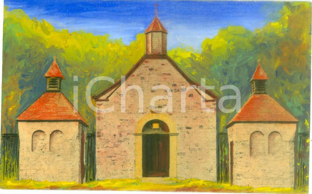Cartolina originale da collezione 1955 ca TANCREMONT BELGIO Veduta del Santuario Cartolina COLORATA A MANO 1