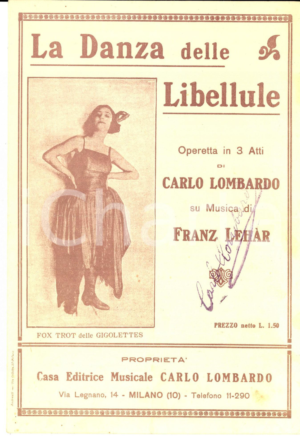 Oggetto da collezione cartaceo 1922 Carlo LOMBARDO Fox trot delle gigolettes  Danza delle libellule Spartito 1