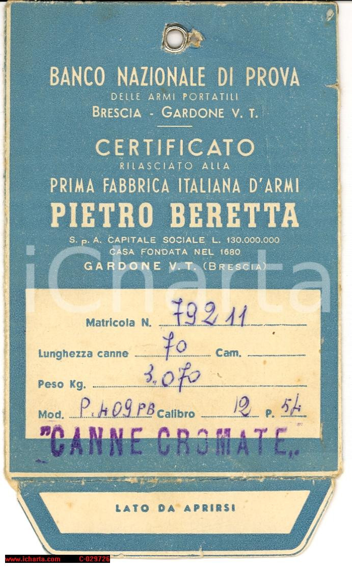 Materiale pubblicitario d’epoca 1965 ca Banco Nazionale di Prova BERETTA 409 cal. 12  Busta pubblicitaria VUOTA 1