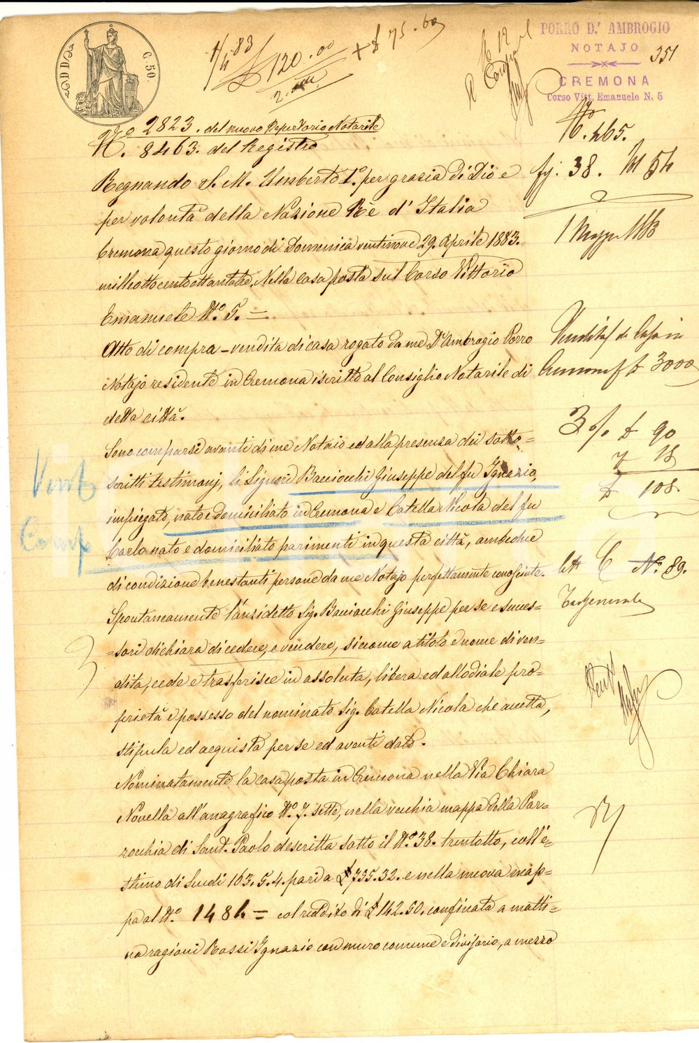 Documento originale, autentico 1883 CREMONA Giuseppe BACIOCCHI vende casa a Nicola CATELLA Manoscritto 1