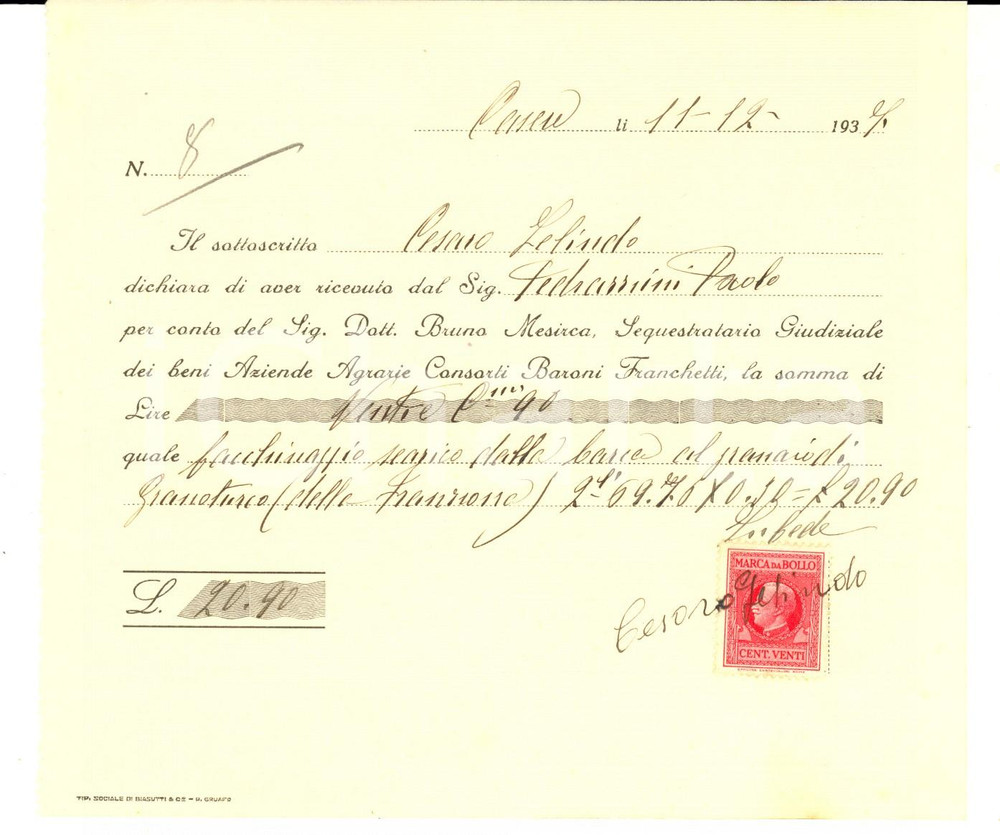 Documento originale, autentico 1937 CANEDOLE (MN) Ricevuta Cesaro ZELINDO per facchinaggio granoturco 1