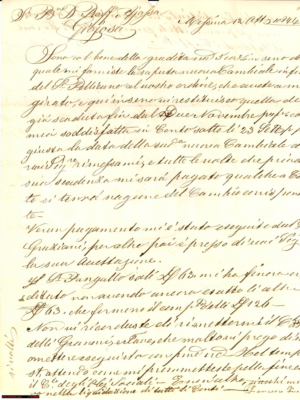 Manoscritto, lettera originale 1844 MESSINA Francesco FIORENTINO su cambiali Barone Raffaele AJOSSA 1