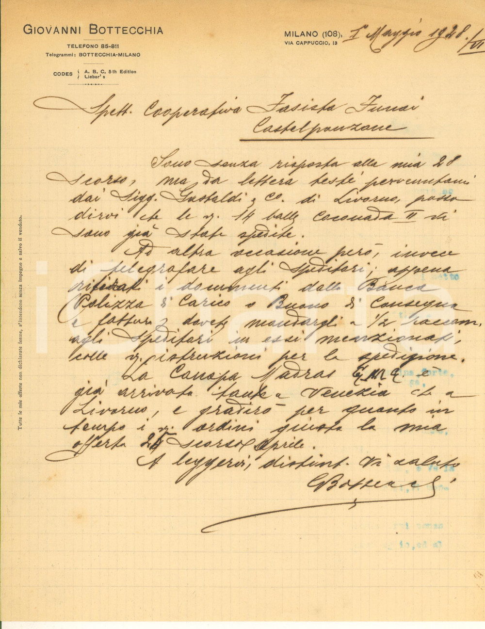 Documento originale, autentico 1928 MILANO Via Cappuccio  Ditta Giovanni  BOTTECCHIA a funai Castelponzone 1