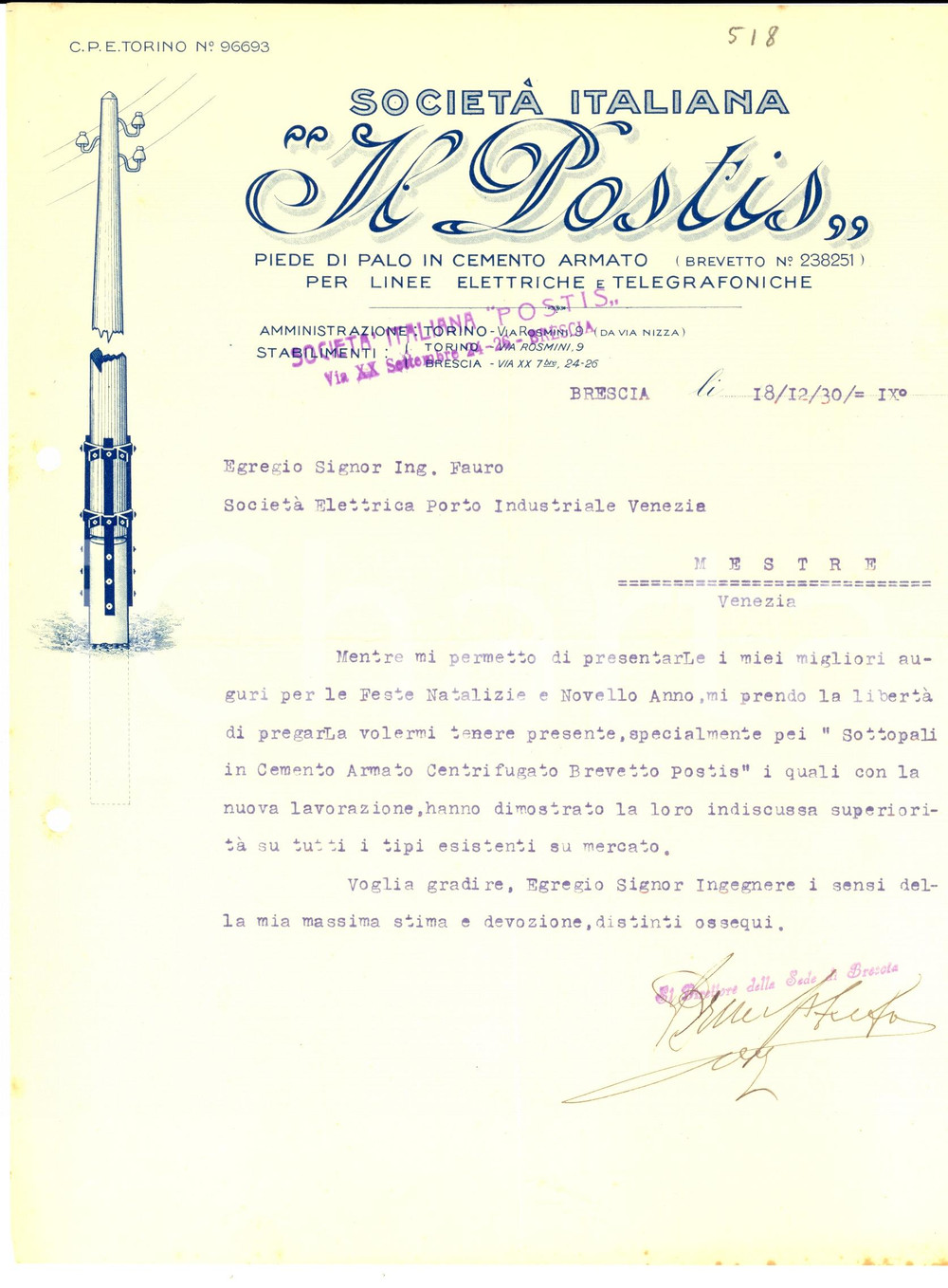 Materiale pubblicitario d’epoca 1930 BRESCIA IL POSTIS Piede di palo in cemento armato *Lettera pubblicitaria 1