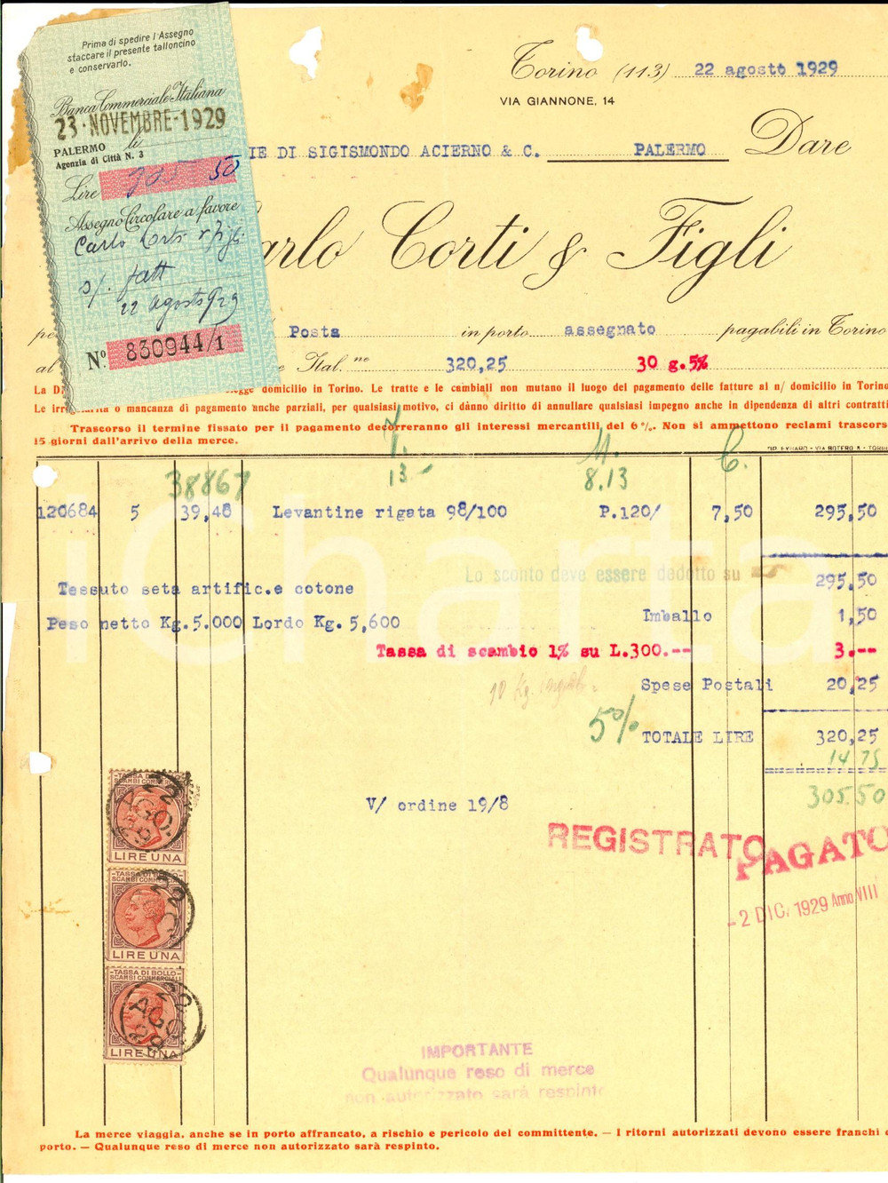 Documento originale, autentico 1929 TORINO Ditta Carlo CORTI & Figli Fattura intestata per levantine rigata 1