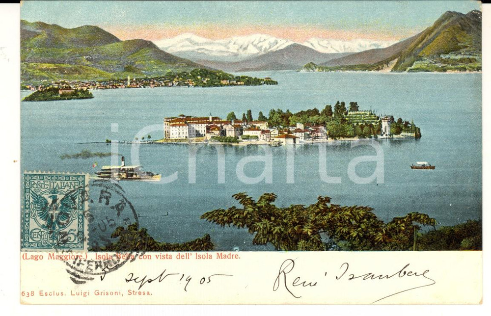 Autografo originale 1905 LAGO MAGGIORE Isola BELLA con vista Isola MADRE Cartolina RenÃ© ISAMBERT 1
