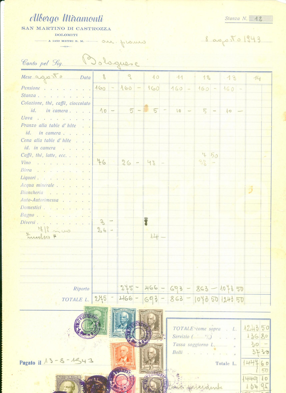 Documento originale, autentico 1943 SAN MARTINO DI CASTROZZA TN Albergo MIRAMONTI Conto del ristorante 1