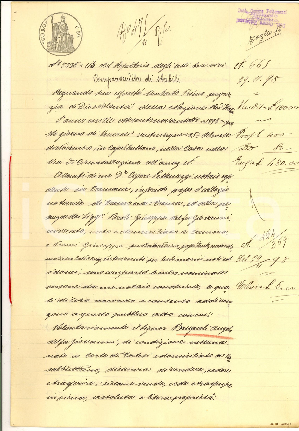 Documento originale, autentico 1898 CORTE DE  CORTESI Angelo BRUGNOLI vende fondo rurale ai fratelli COPPI 1
