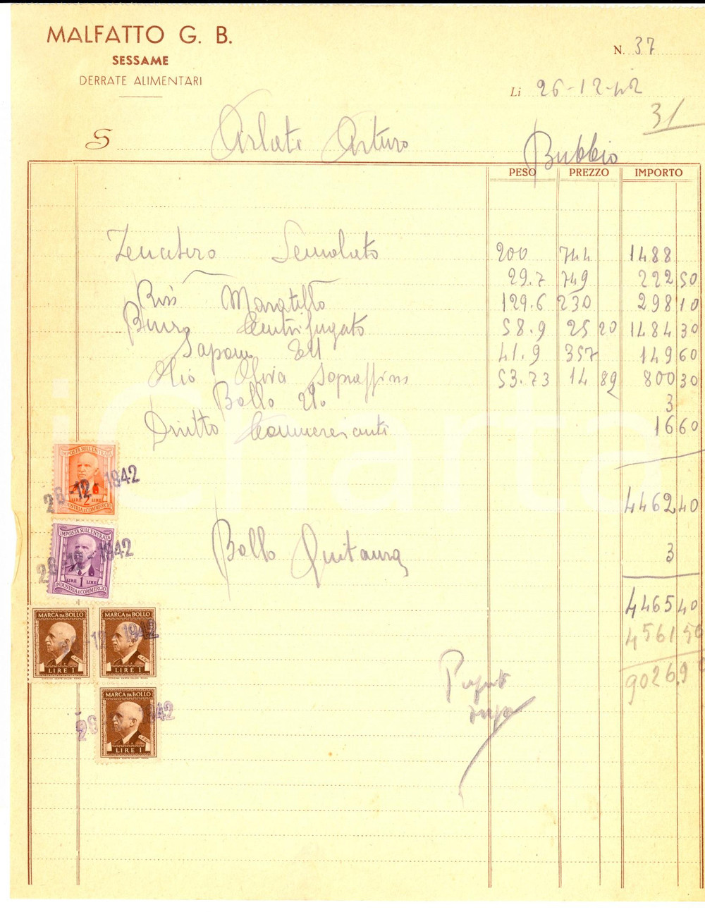 Documento originale, autentico 1942 SESSAME AT Giovanni Battista MALFATTO Derrate alimentari Fattura 1