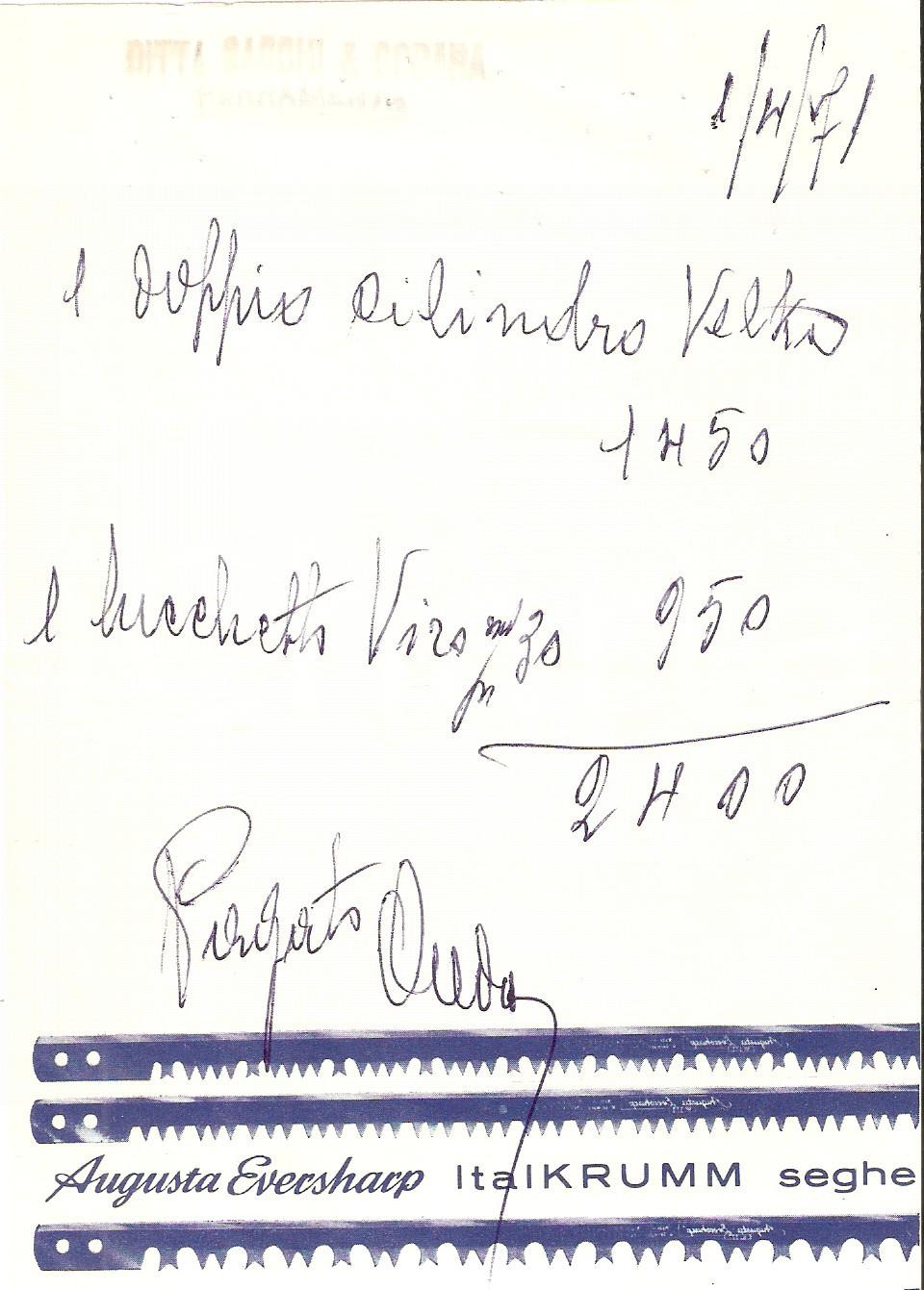 Materiale pubblicitario d’epoca 1965 ca Ferramenta SACCHI E CODARA - Ricevuta AUGUST KRUMM ALPINA 2 1