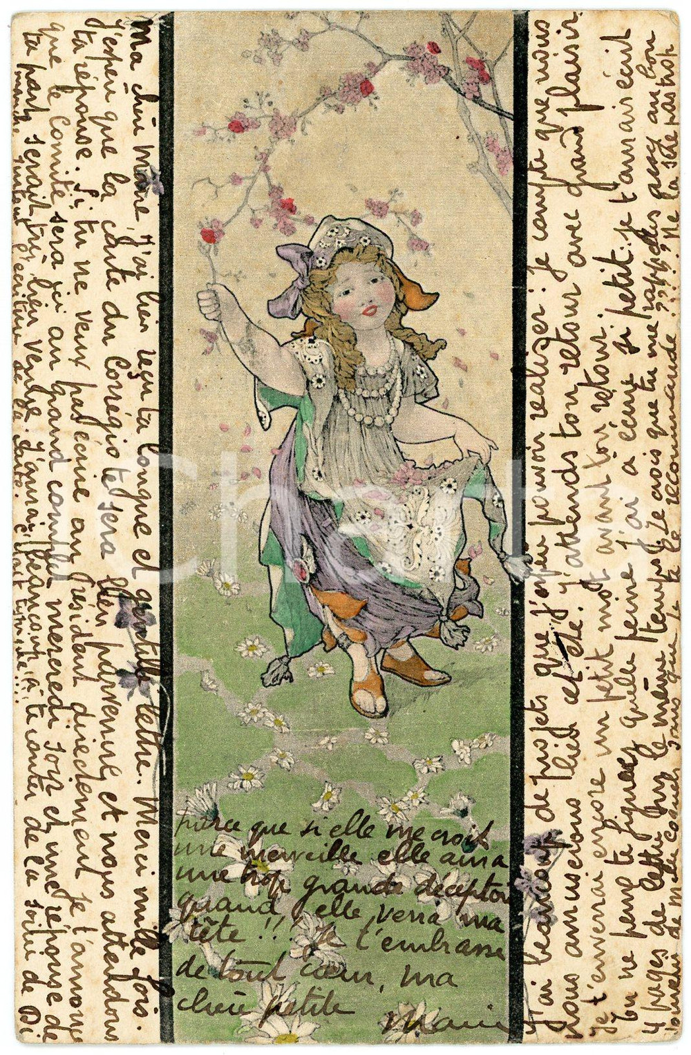 1906 CHILDREN Little gypsy girl with daisies and cherry blossoms *Postcard  Cartolina postale d'epoca, viaggiata.CONDIZIONI: F (piegatura al lato sinistro)FORMATO: FP    originale e autentica 1
