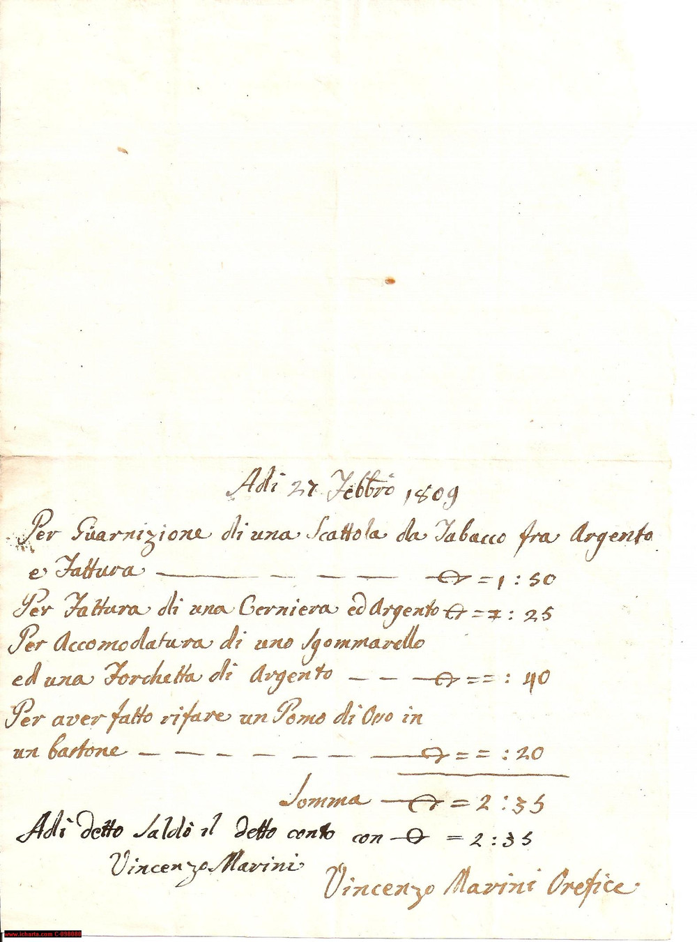 Documento originale, autentico 1809 VENEZIA? Conto dell orefice Vincenzo MARINI 1