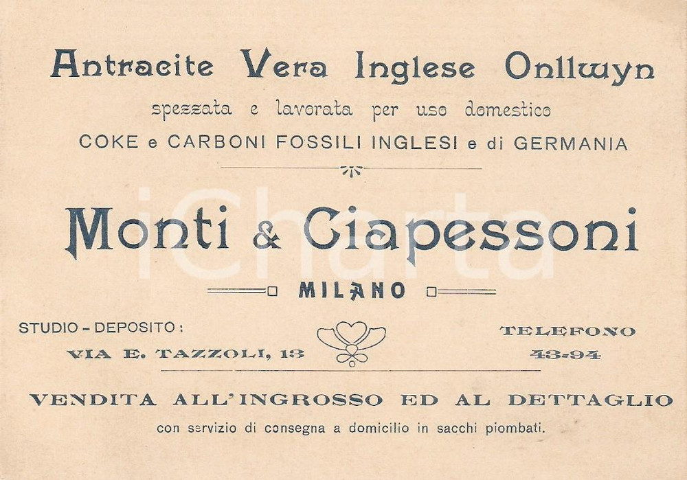 Oggetto da collezione cartaceo 1920 MILANO Via Tazzoli 13 Antracite ONLLWYN Ditta MONTI & CIAPESSONI Biglietto 1