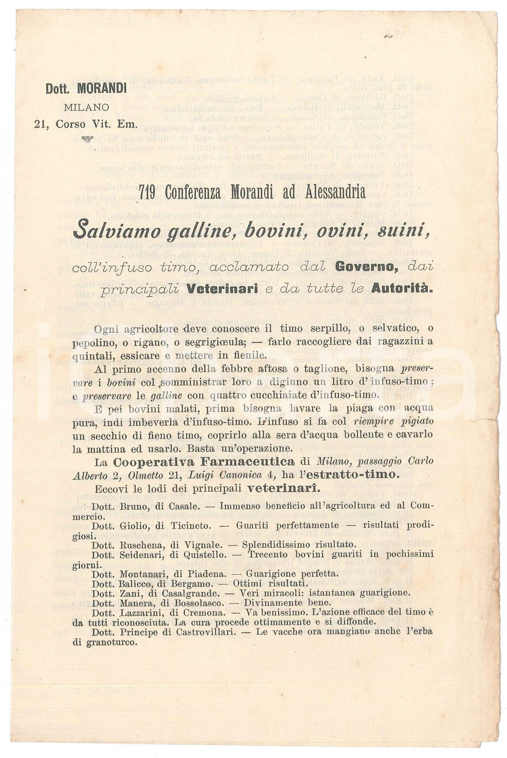 Materiale pubblicitario d’epoca 1905 ca MILANO Farmaceutica Luigi MORANDI  Conferenza Alessandria Pieghevole 1