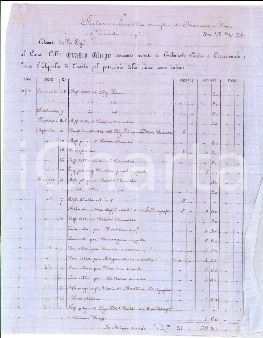 Documento originale, autentico 1878 CASALE MONFERRATO (AL) Parcella causidico collegiato Evasio GHIGO 1