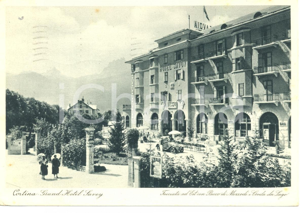 Cartolina originale da collezione 1937 CORTINA D AMPEZZO BE Facciata Est Hotel SAVOY Cartolina ANIMATA FG VG 1