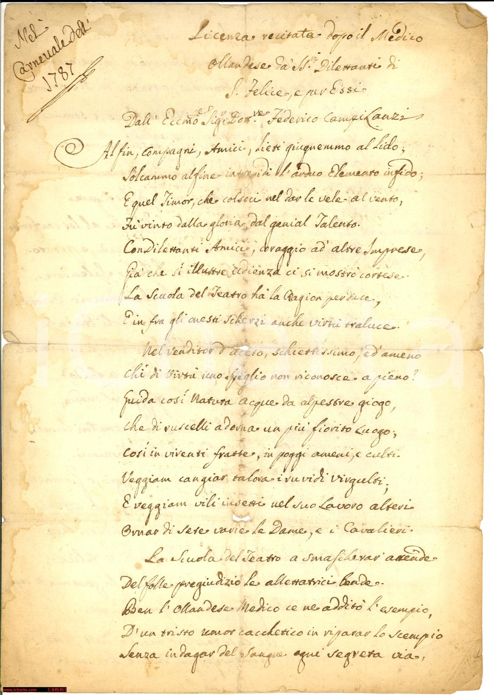 Manoscritto, lettera originale 1787 SAN FELICE MI poesia Carnevale teatro CAMPI LANZI 1