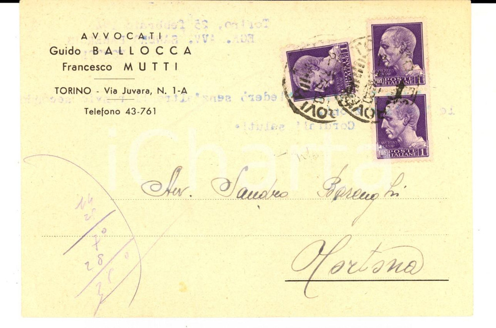 Cartolina originale da collezione 1946 TORINO Avv. Guido BALLOCCA  Francesco MUTTI Cartolina L. 1 imperiale fasci 1