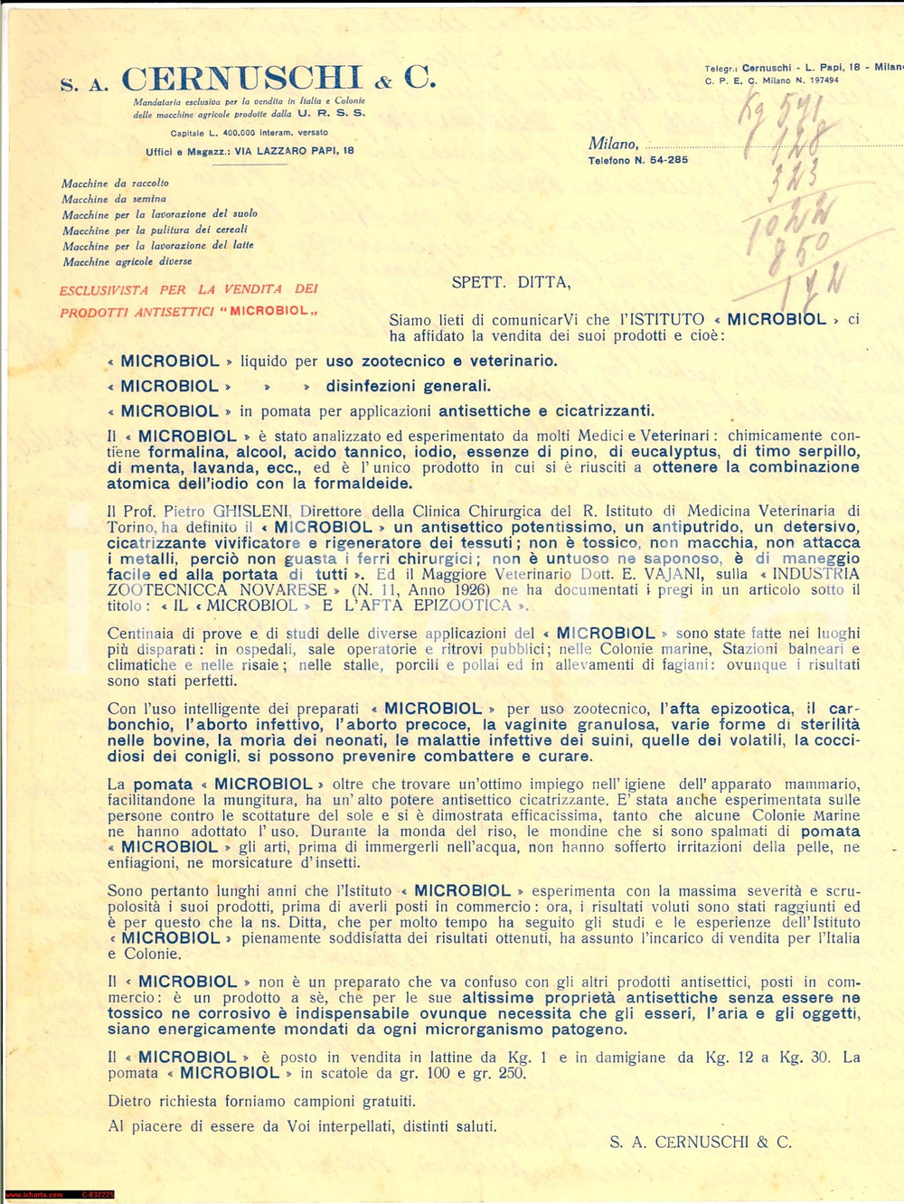 Materiale pubblicitario d’epoca 1930 ca MILANO Via Lazzaro Papi 18 Antisettici MICROBIOL ditta CERNUSCHI 1