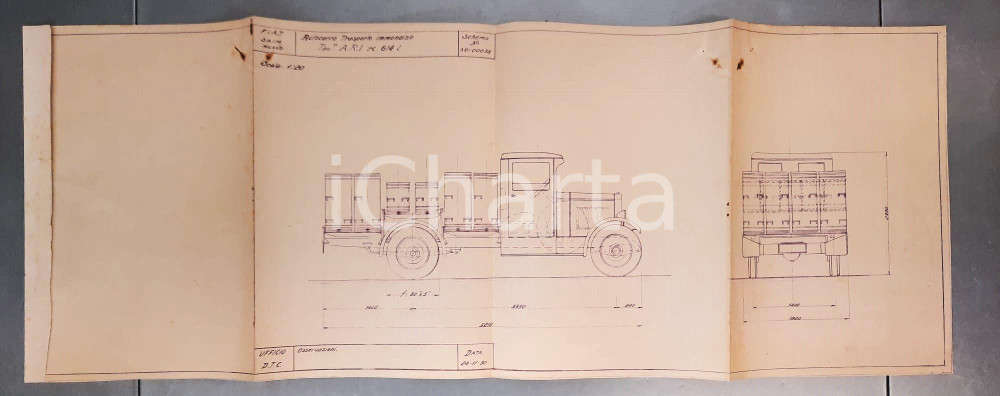 Stampa, bozzetto originale 1930 MILANO Progetto autocarro FIAT trasporto immondizie tipo A.R.I. RC 614 l. 1