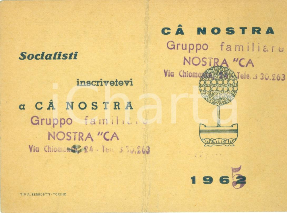 Oggetto da collezione cartaceo 1965 TORINO Gruppo familiare NOSTRA CA  Tessera Lucia BELLOSIO socialismo 1