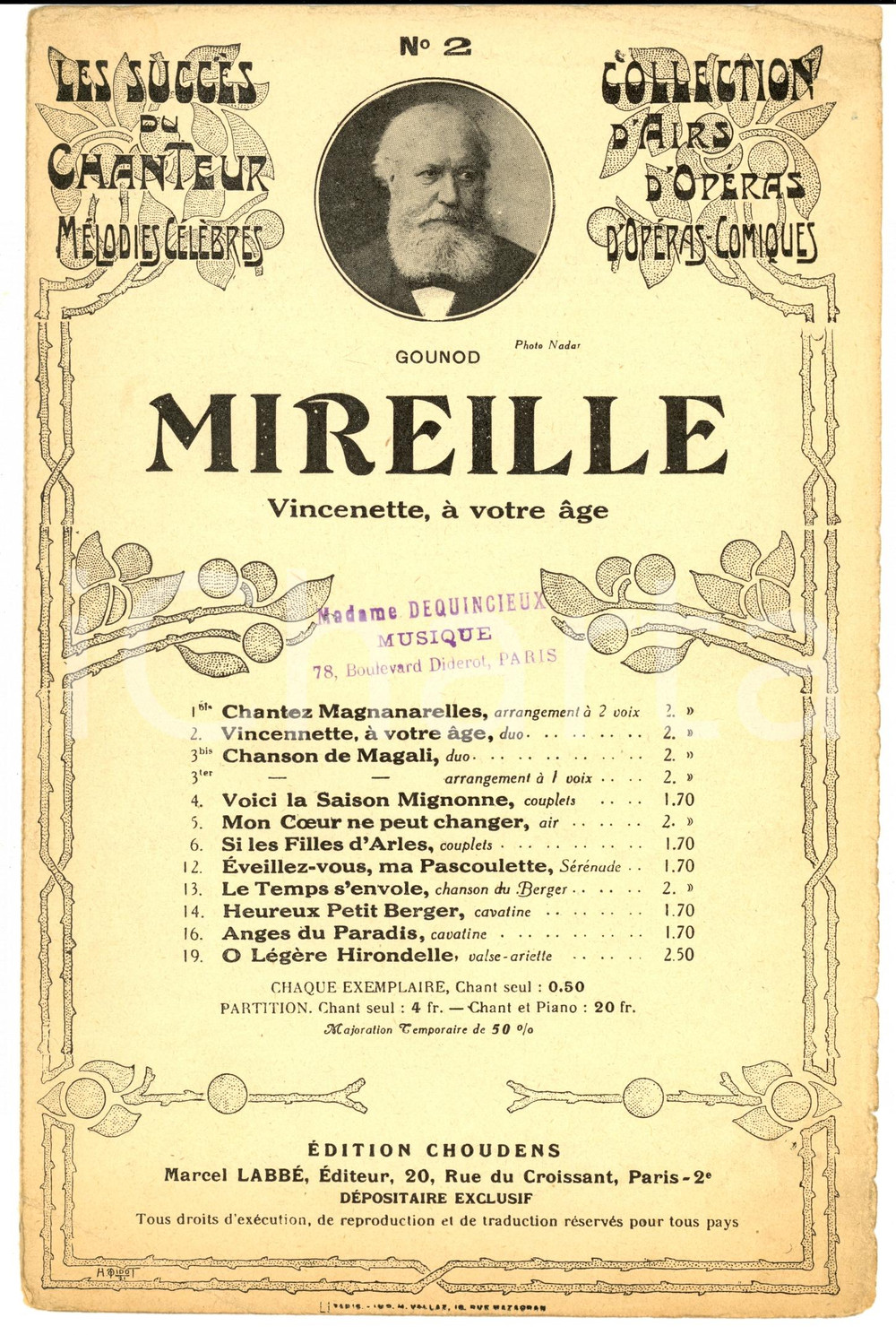 Oggetto da collezione cartaceo 1920 ca Charles GOUNOD Mireille - Vincenette, à votre age *Spartito ed. CHOUDENS 1