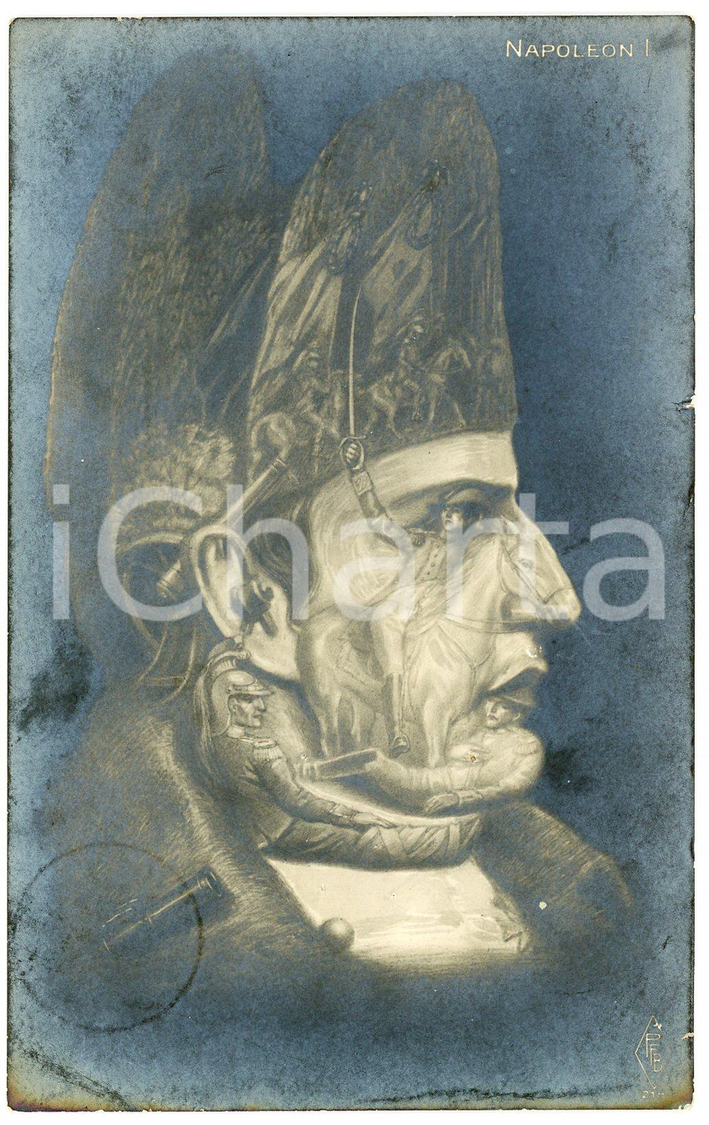 1920 TÊTE TROMPEUSES Napoléon Ier BONAPARTE- Metamorphic postcard FP VG  Cartolina postale d'epoca, non viaggiata ma con nota manoscritto al verso.EDITORE: GG Co. 5134CONDIZIONI: FAIR (aloni diffusi, piccola mancanza al margine destro).FORMATO: FP    originale e autentica 1