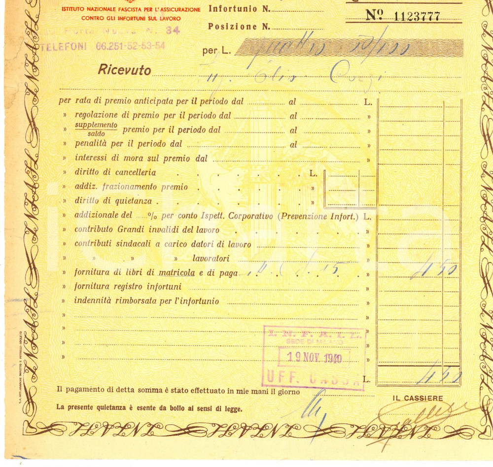 Documento originale, autentico 1940 INFAIL MILANO Quietanza per fornitua libri matricola ing. Elio COZZI 1