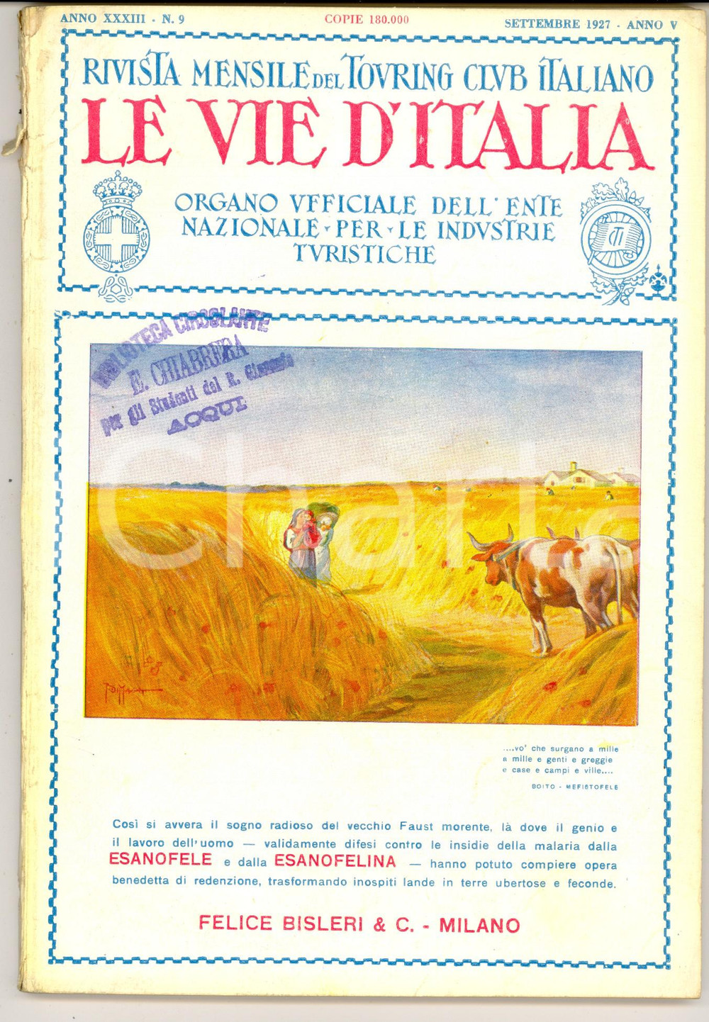 Giornale, rivista storica 1927 TOURING CLUB ITALIANO L abate Giacomo BRESADOLA Anno XXXIII n°9 1