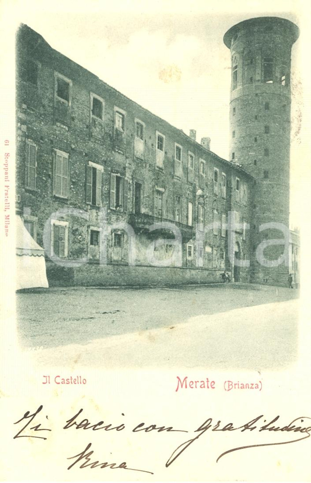Cartolina originale da collezione 1909 ca MERATE LC Veduta del CASTELLO abitato Cartolina animata FP VG 1