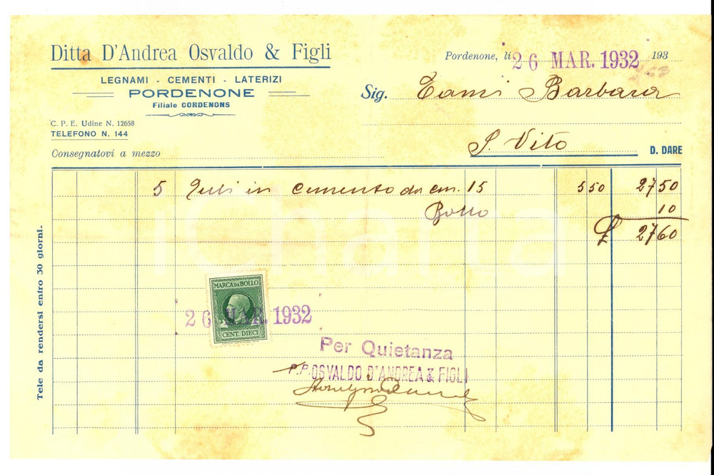 Documento originale, autentico 1932 PORDENONE Ditta Osvaldo D'ANDREA & Figli *Fattura per tubi cemento 1