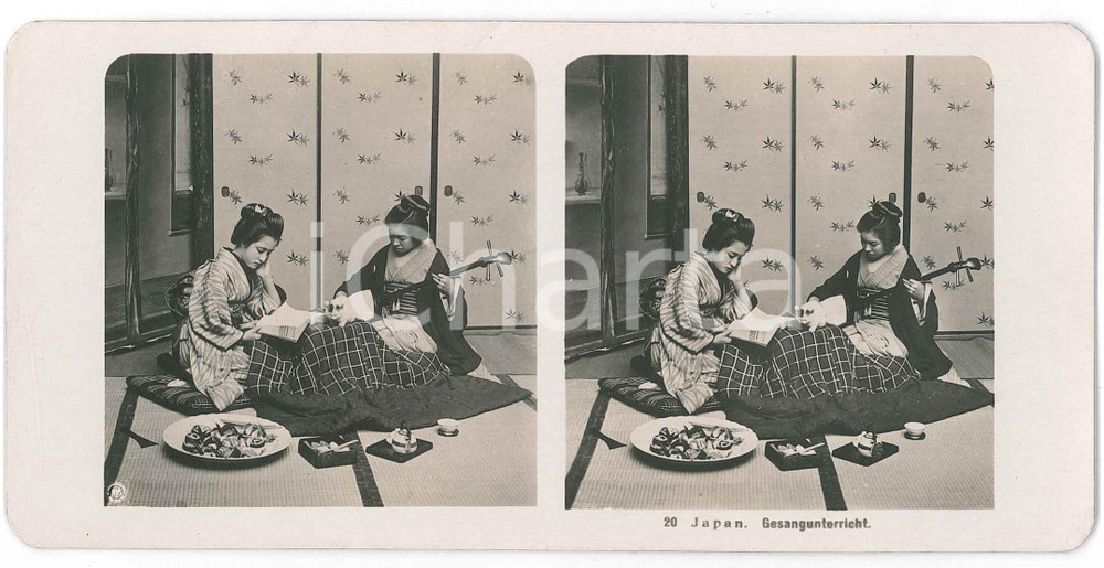 1910 ca JAPAN - Geishas - Gesangunterricht - ETHNIC Stereoview nÂ° 20  Fotografia stereoscopica d'epoca.EDITORE: NPG  GOOD/buono  Formato: 18x9 cm originale e autentica 1