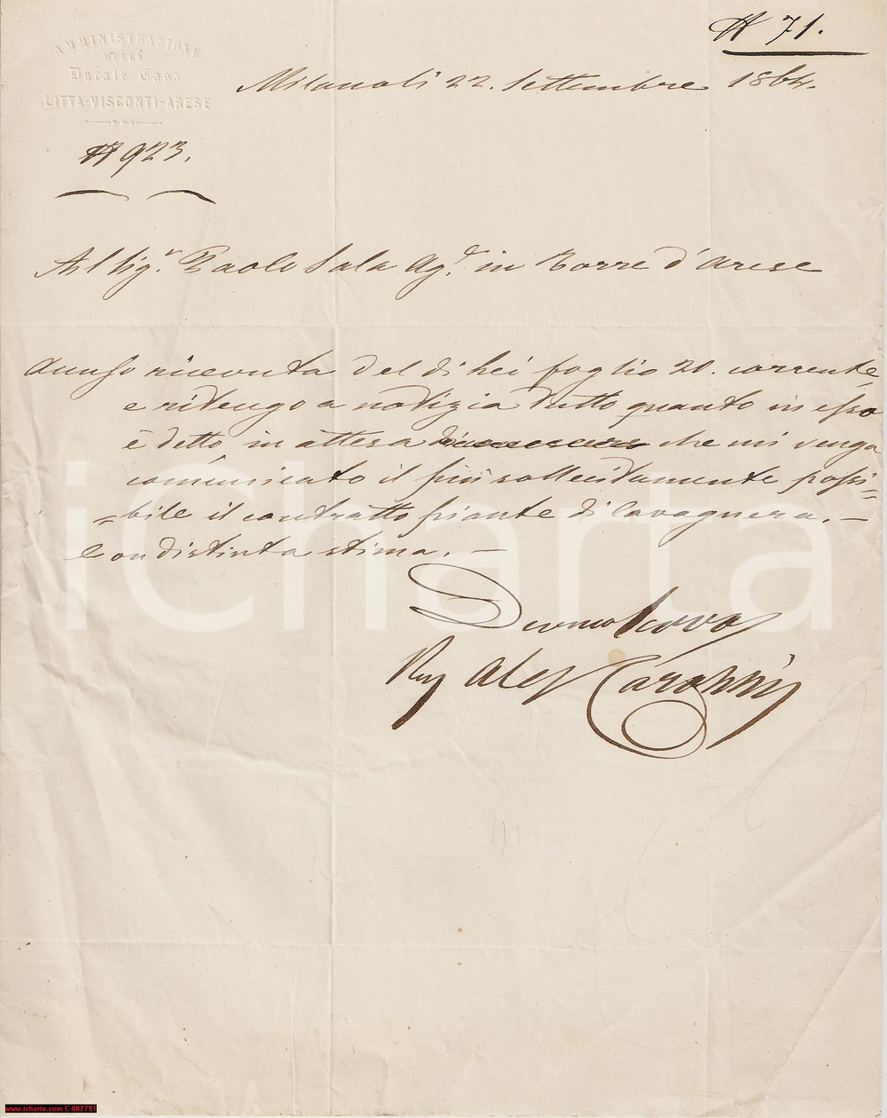 Documento originale, autentico 1864 CAVAGNERA VIDIGULFO Piante per Casa LITTA VISCONTI  Lettera 1