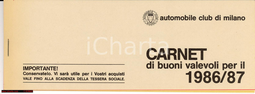 Oggetto da collezione cartaceo 1986 MILANO ACI Automobile Club carnet di buoni sconto 1