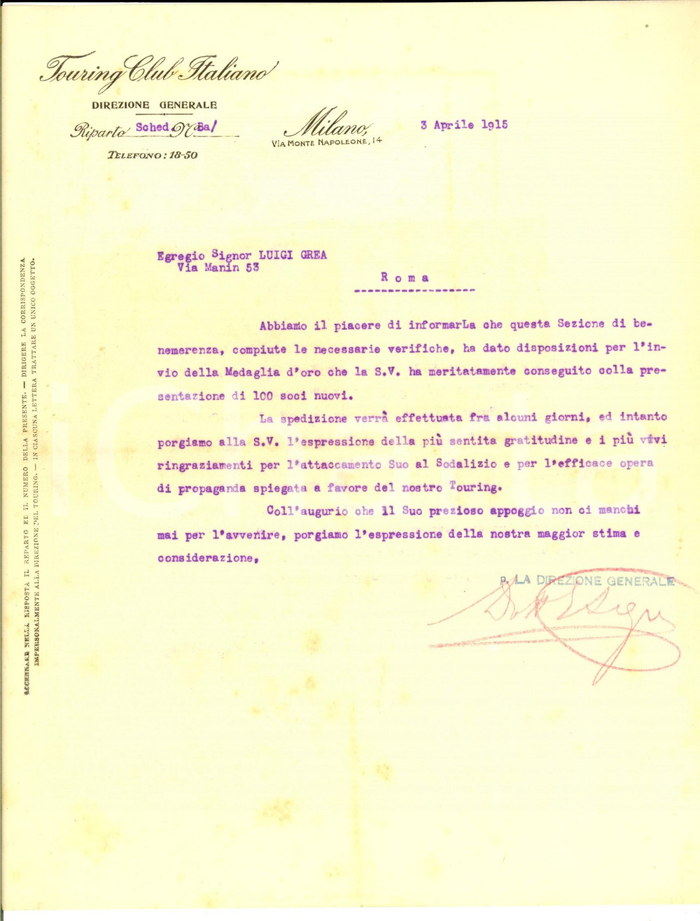 1915 MILANO TOURING CLUB ITALIANO Lettera invio medaglia d'argento a un socio