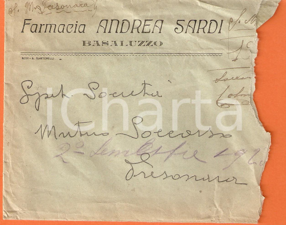 Oggetto da collezione cartaceo 1925 ca BASALUZZO AL Farmacia Andrea SARDI Busta VUOTA 1