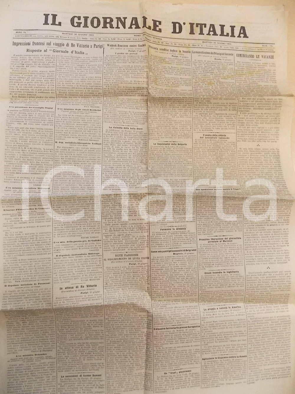 Giornale, rivista storica 1903 IL GIORNALE D ITALIA Sul viaggio di re Vittorio a Parigi Anno III nÂ° 179 1