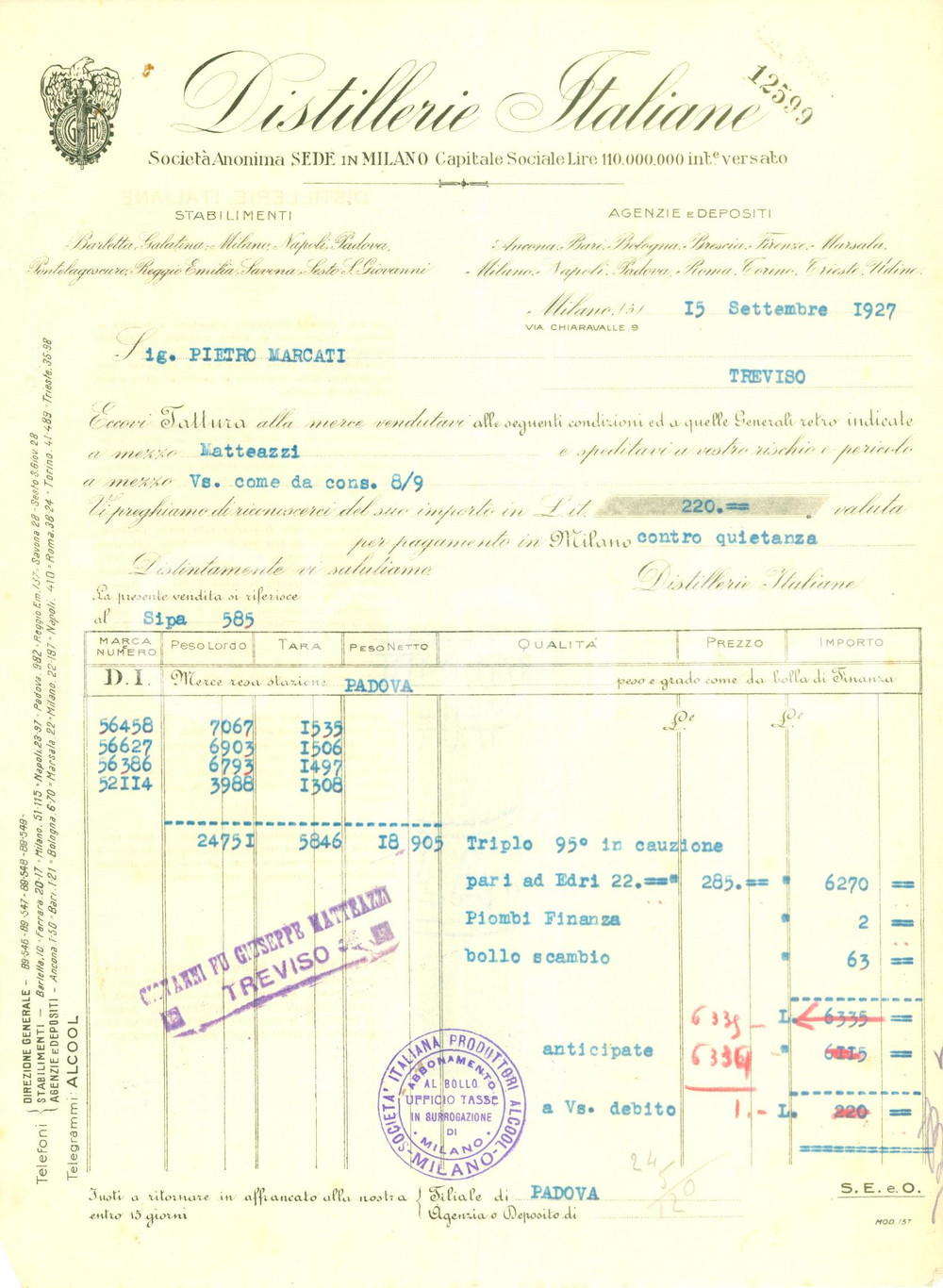 Documento originale, autentico 1927 MILANO Via Chiaravalle 9 Distillerie Italiane Fattura dattiloscritta 1