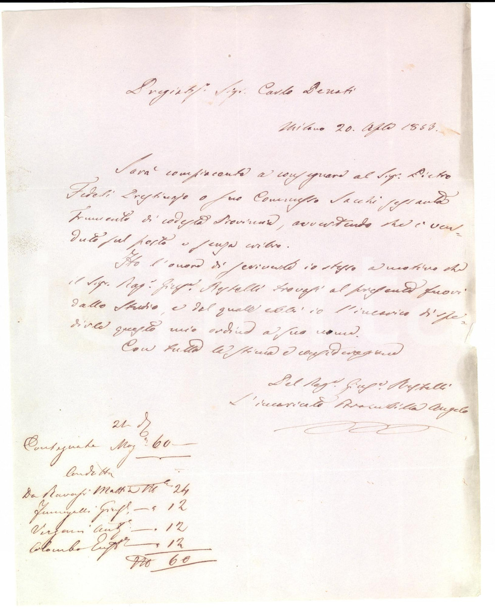 Documento originale, autentico 1863 MILANO Pietro FEDELI prestinaio ritira frumento venduto senza cribro 1