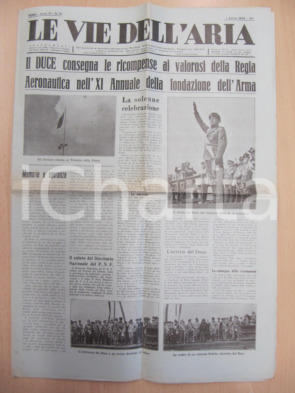 Giornale, rivista storica 1934 LE VIE DELL ARIA DUCE consiglia ricompense per XI anniversario AERONAUTICA 1