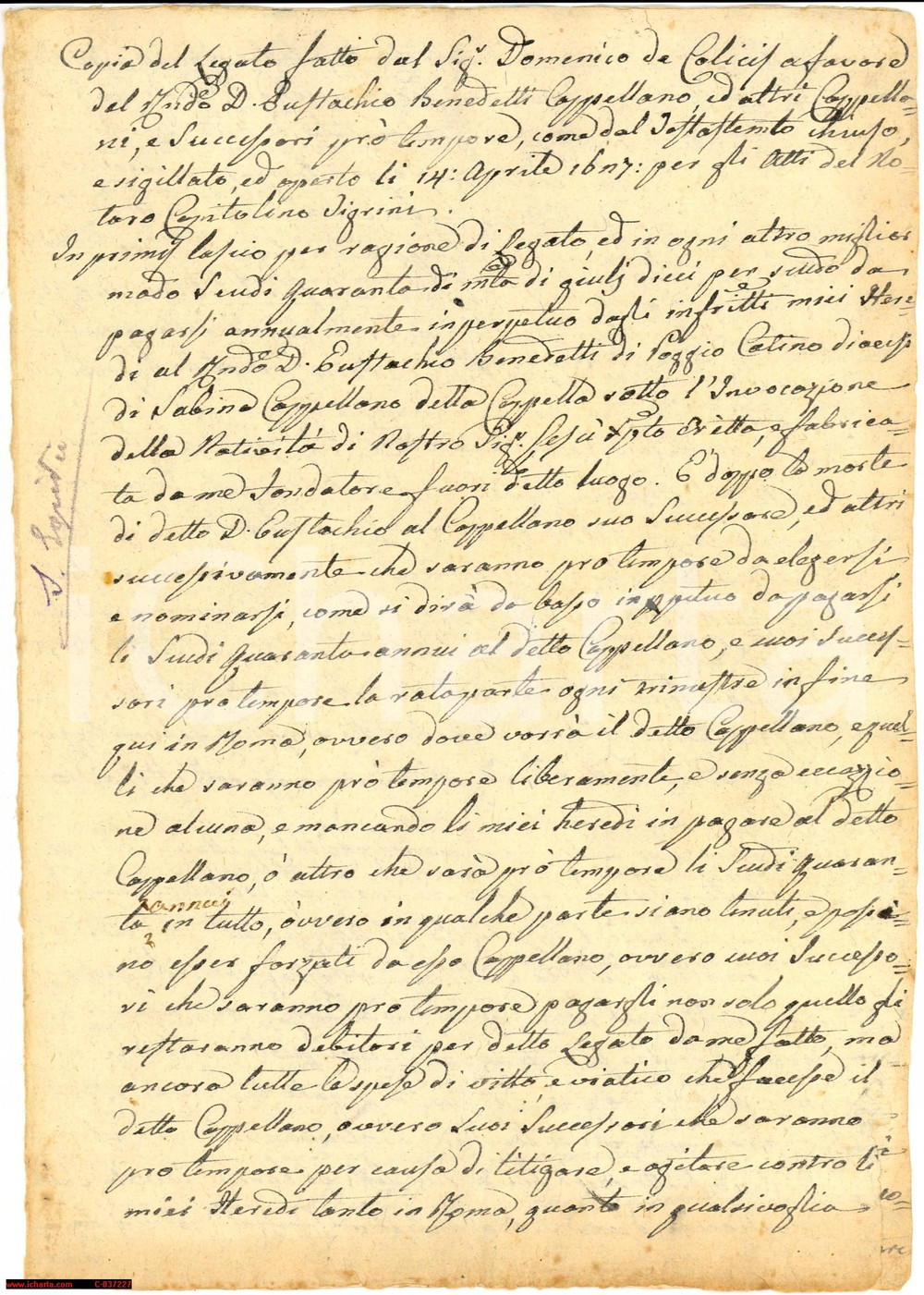 Documento originale, autentico 1627 POGGIO CATINO (RI) Domenico COLICCI pro cappellano 1