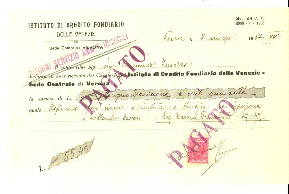 Documento originale, autentico 1937 VERONA CREDITO FONDIARIO DELLE VENEZIE Ricevuta Domenico TURAZZA 1