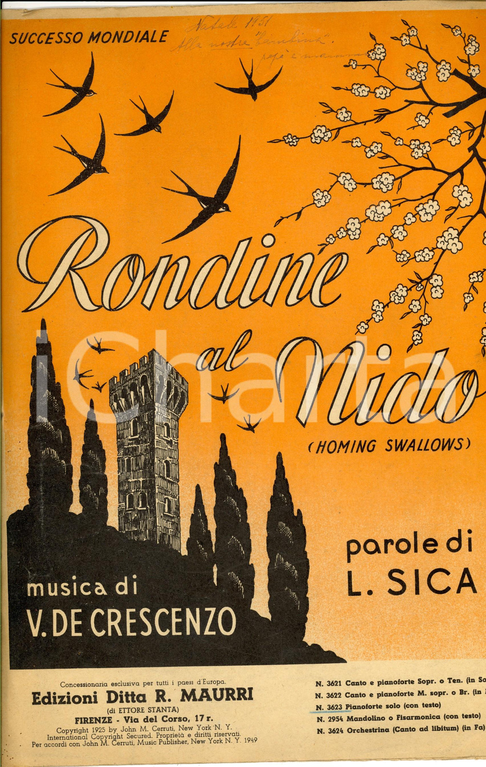 Oggetto da collezione cartaceo 1949 SICA  DE CRESCENZO Rondine al nido Homing swallows Spartito MAURRI 1