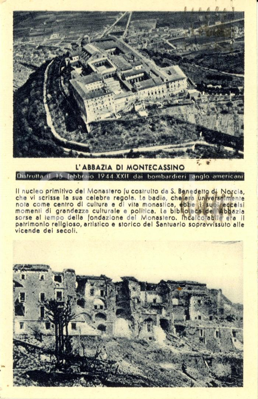 Cartolina originale da collezione 1945 MONTECASSINO FR Abbazia distrutta da bombardamenti del 1944 Cartolina FP 1