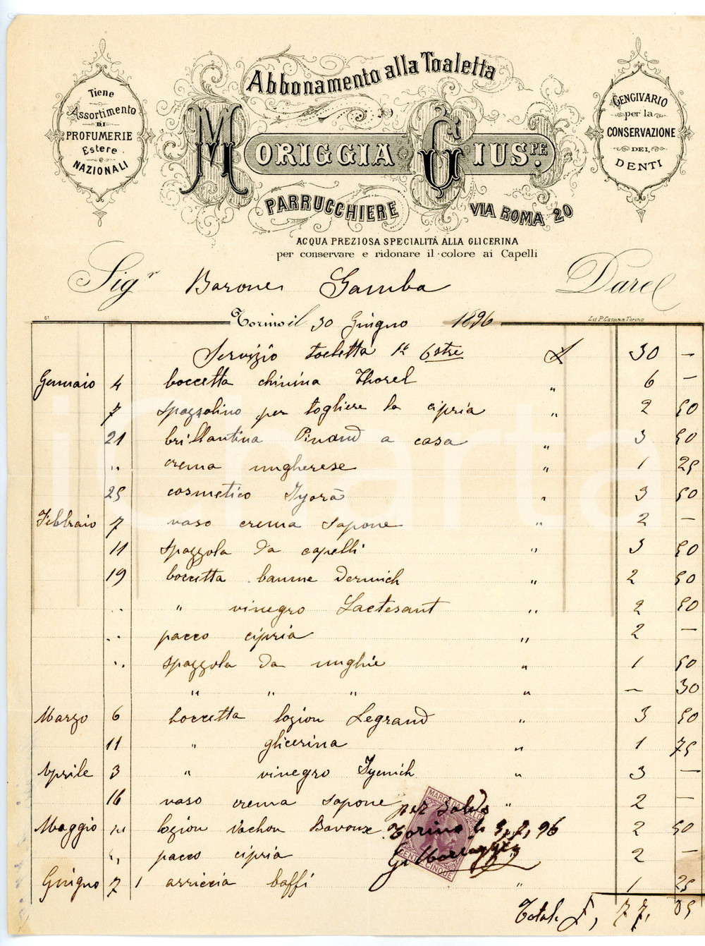 Documento originale, autentico 1896 TORINO Via Roma 20  Giuseppe MORIGGIA Parrucchiere Fattura intestata 1