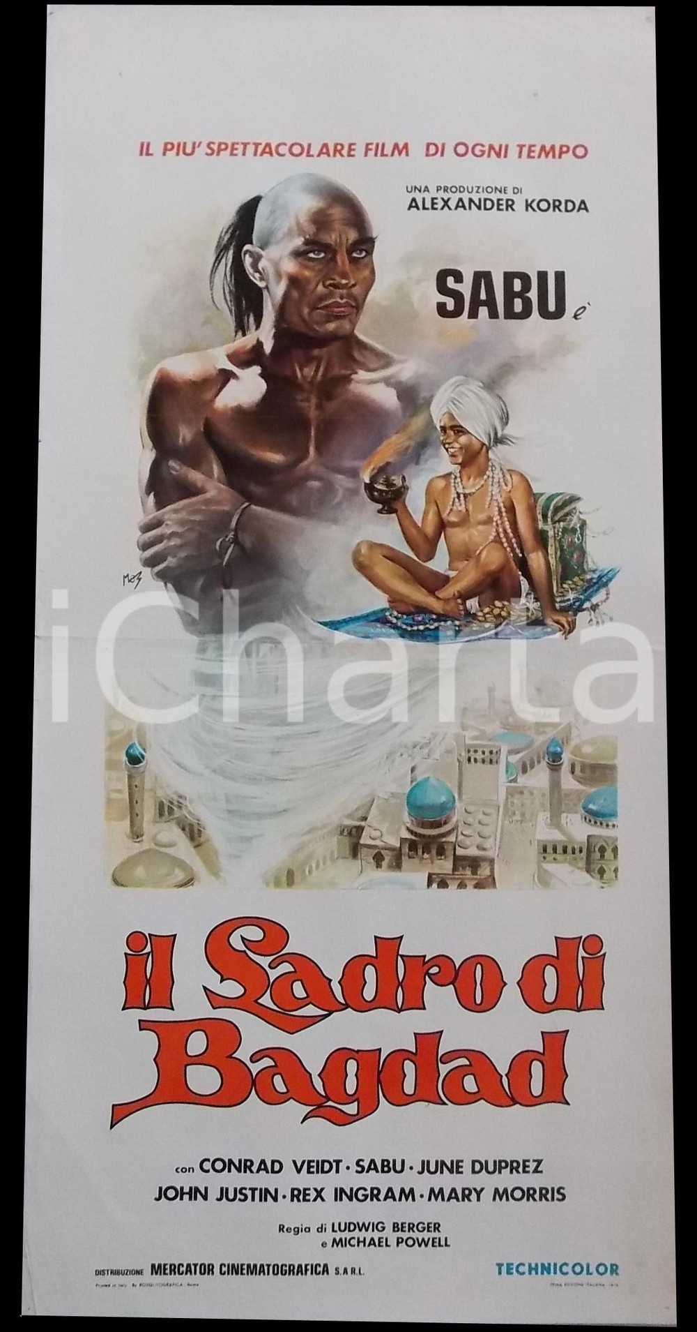 1975 IL LADRO DI BAGDAD - SABU Conrad VEIDT June DUPREZ Manifesto 32x70 cm DIMENSIONI: 32x70 cm CONDIZIONI: POOR (piegatura centrale, lievi strappi ai margini e forellini da affissione)  originale e autentica 1